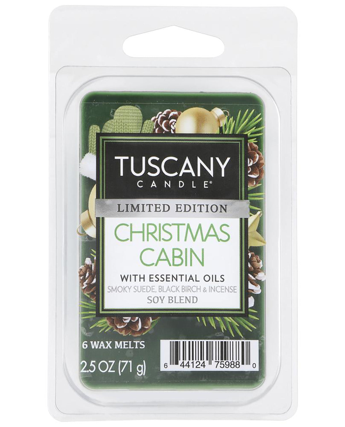 Tuscany Candle Limited Edition Christmas Cabin wax melts in a clear plastic clamshell package with a green and white label.