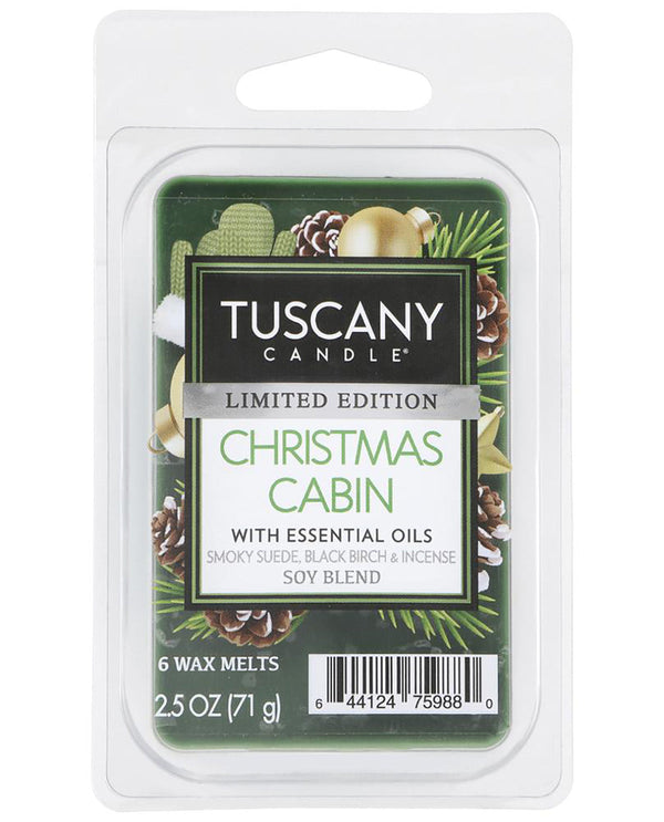 Tuscany Candle Limited Edition Christmas Cabin wax melts in a clear plastic clamshell package with a green and white label.