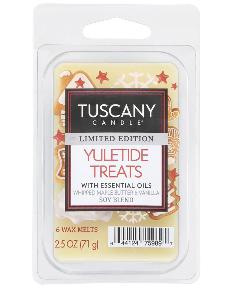 Tuscany Candle Limited Edition Yuletide Treats wax melts in a clear plastic clamshell package with a white hanging tab.