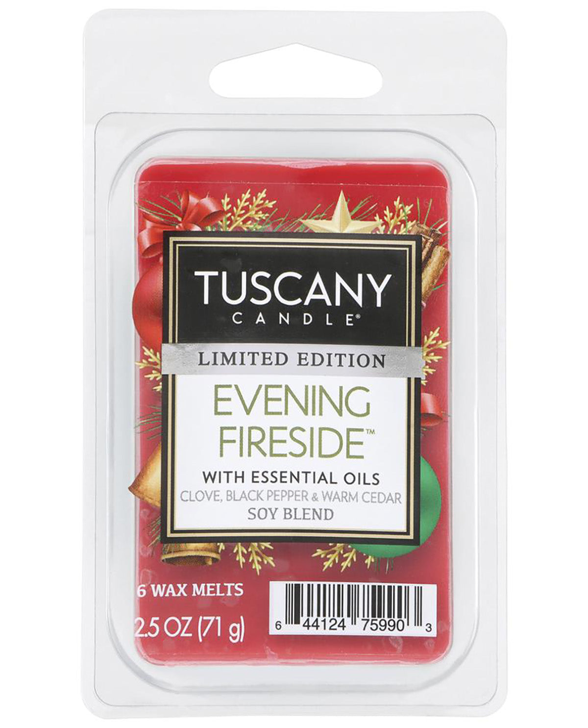 Tuscany Candle Limited Edition Evening Fireside soy blend wax melts in a clear plastic clamshell package with a red holiday-themed label.