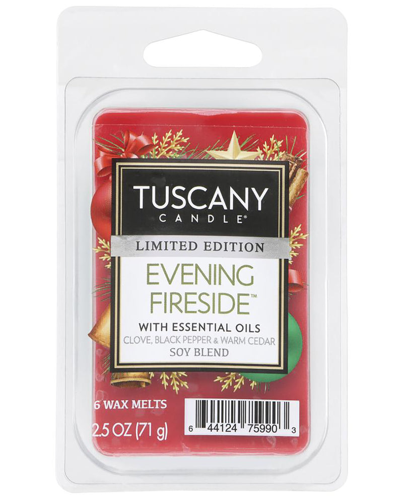 Tuscany Candle Limited Edition Evening Fireside soy blend wax melts in a clear plastic clamshell package with a red holiday-themed label.