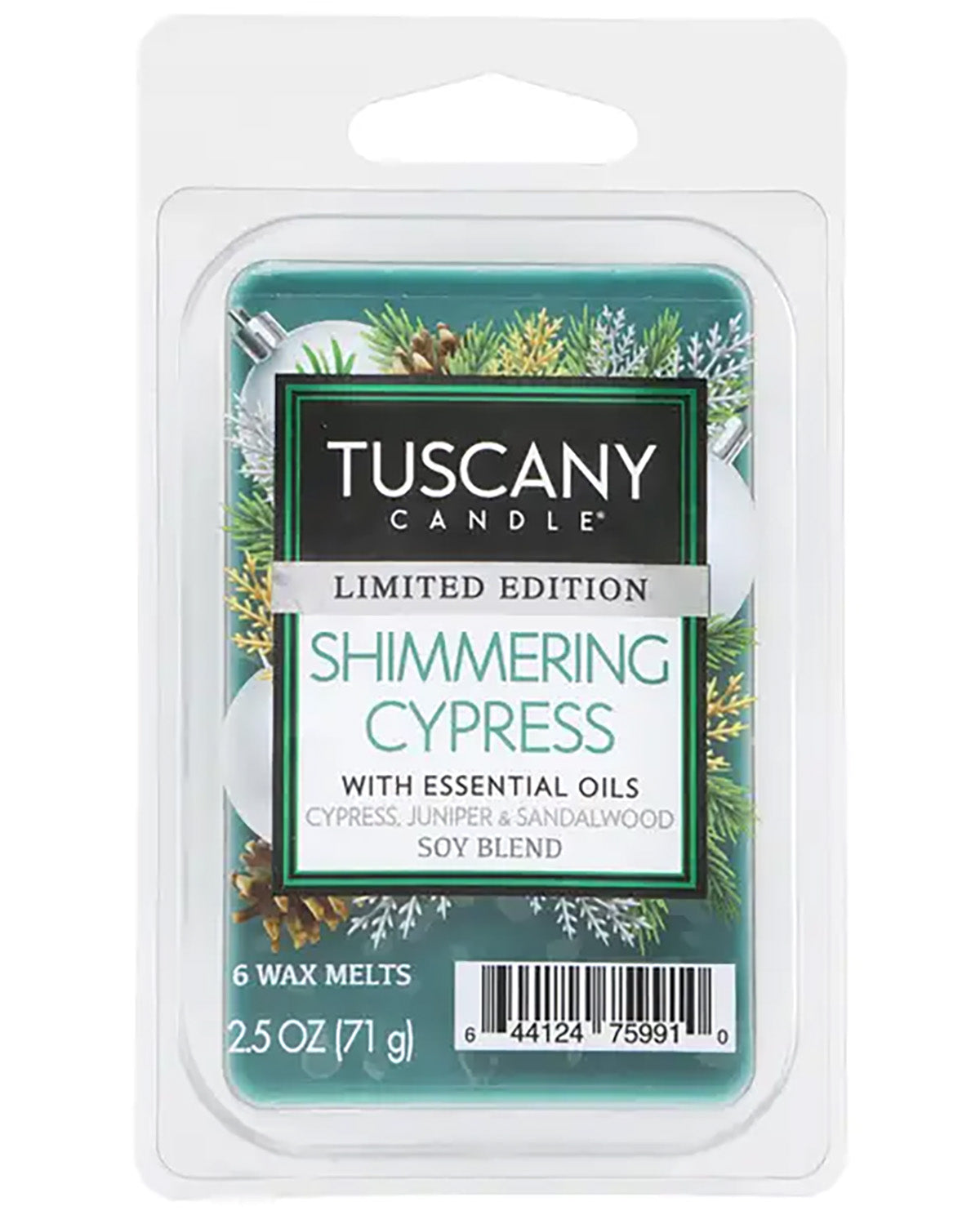Tuscany Candle Limited Edition Shimmering Cypress soy wax melts in a clear plastic clamshell package with a white hanging tab.