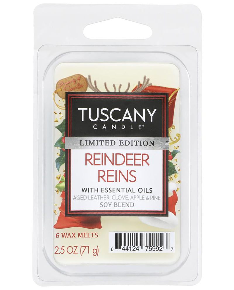 Tuscany Candle Reindeer Limited Edition wax melts in a clear plastic clamshell package with a white backing card and holiday-themed label.