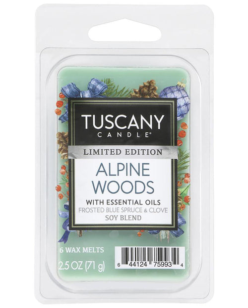 Tuscany Candle Limited Edition Alpine Woods wax melts in a clear plastic clamshell package with a light green label and white hanger tab.