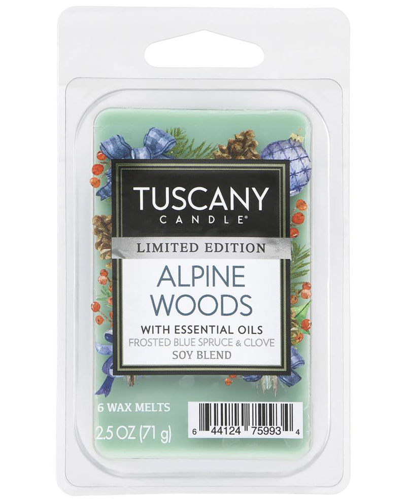 Tuscany Candle Limited Edition Alpine Woods wax melts in a clear plastic clamshell package with a light green label and white hanger tab.
