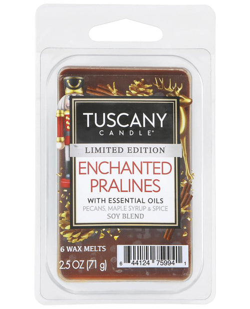 Tuscany Candle Enchanted Pralines Limited Edition wax melts in a clear plastic clamshell package with a white hanging header.