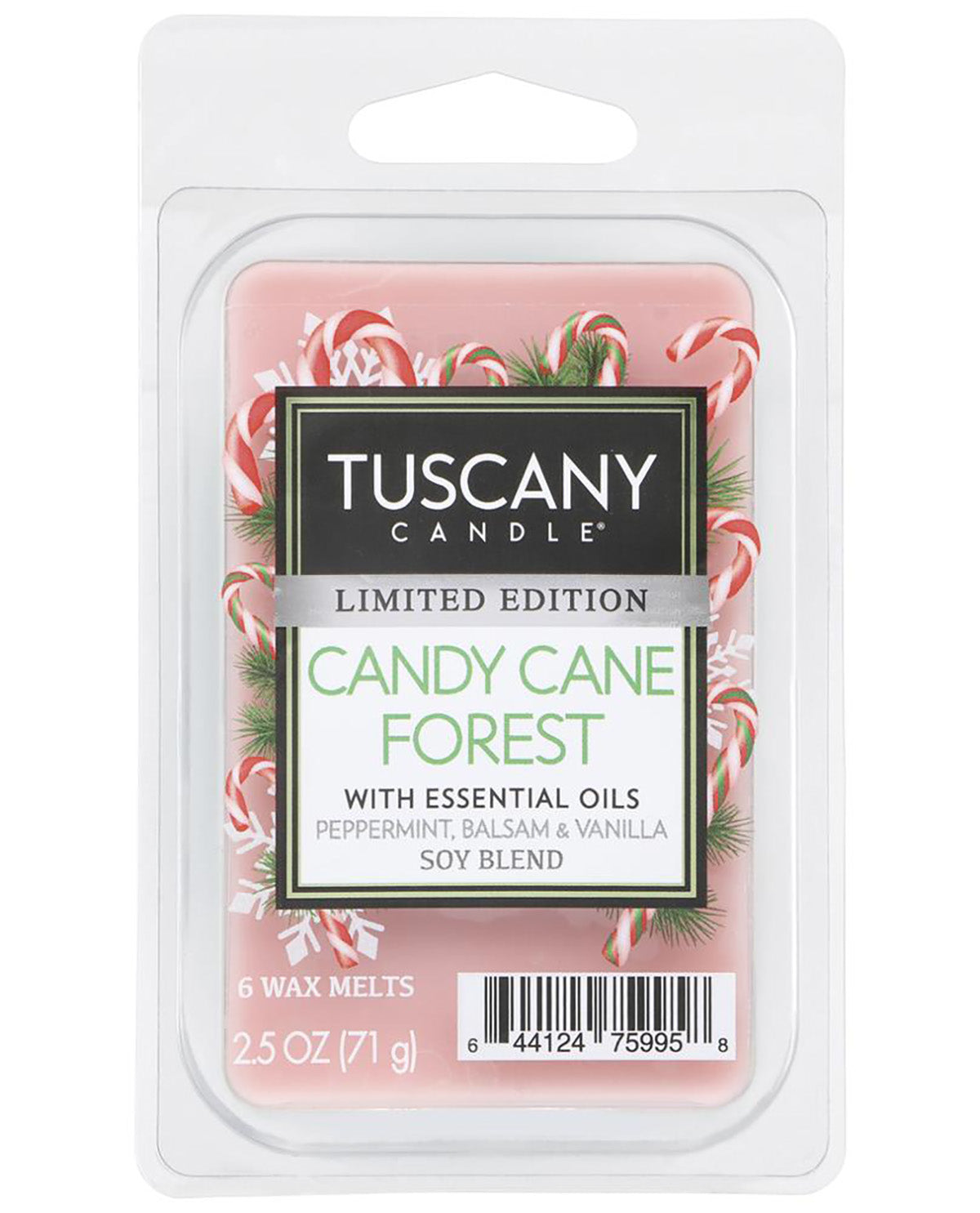 Tuscany Candle 'Candy Cane Forest' limited edition wax melts in a clear plastic clamshell package with a white backing card. The wax melts are pink with a graphic of red and white candy canes and green pine needles.