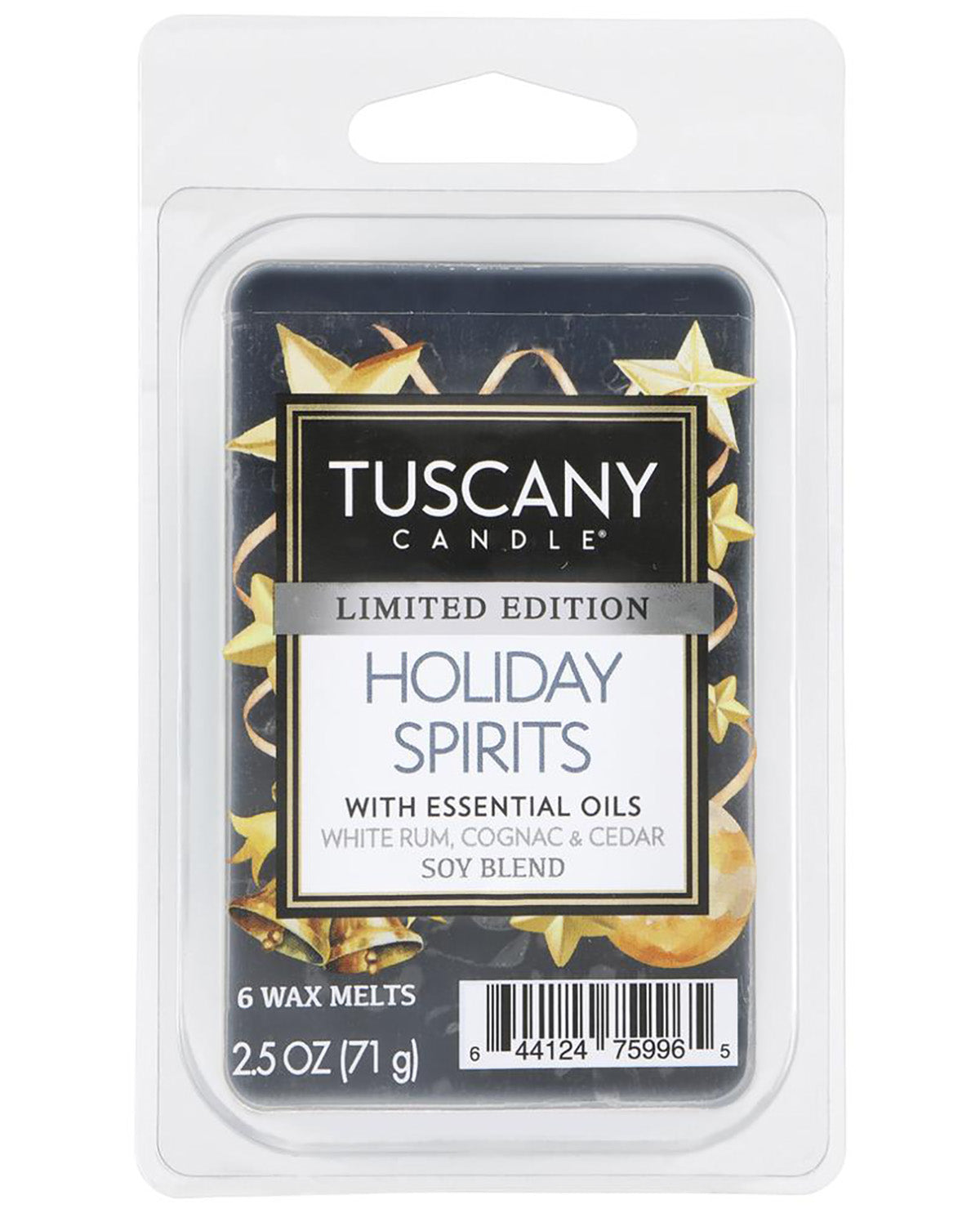 Tuscan Candle Limited Edition Holiday Spirits wax melt in a clear plastic clamshell package with a black and gold label.