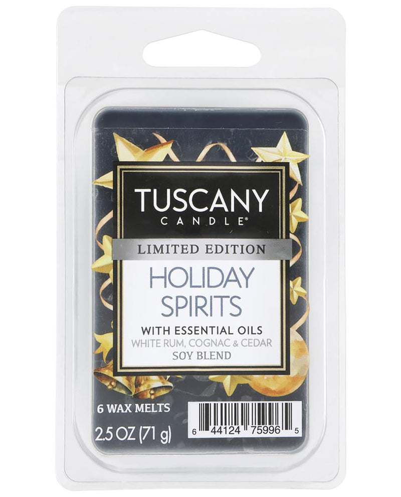 Tuscan Candle Limited Edition Holiday Spirits wax melt in a clear plastic clamshell package with a black and gold label.