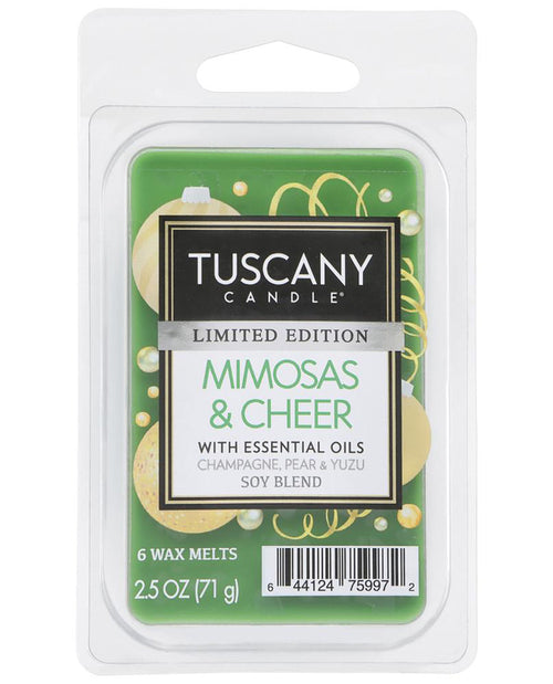 Tuscany Candle Limited Edition Mimosas & Cheer soy wax melt in a clear plastic clamshell package with a green and white label.