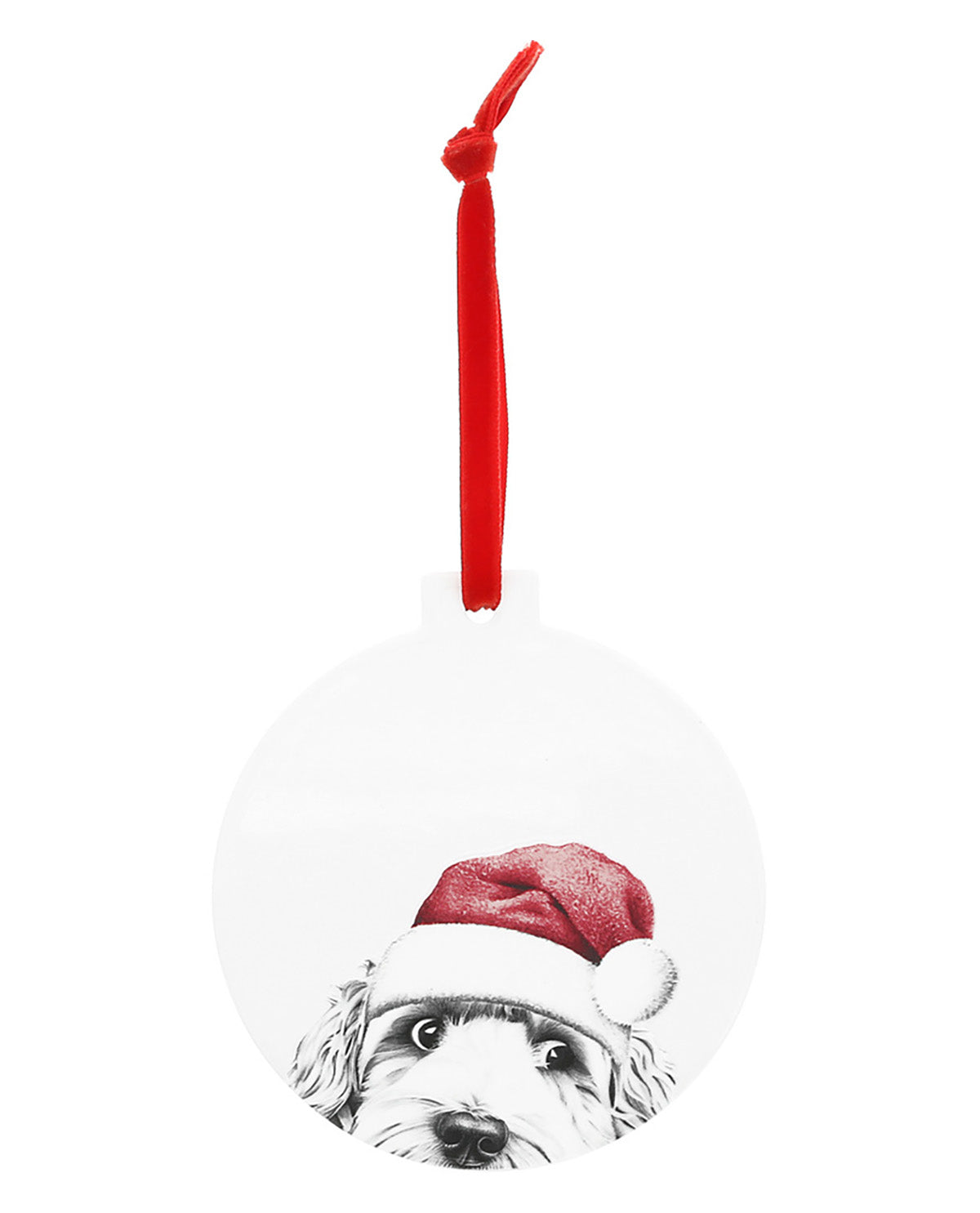 Christmas ornament with a dog wearing a Santa hat on a white background