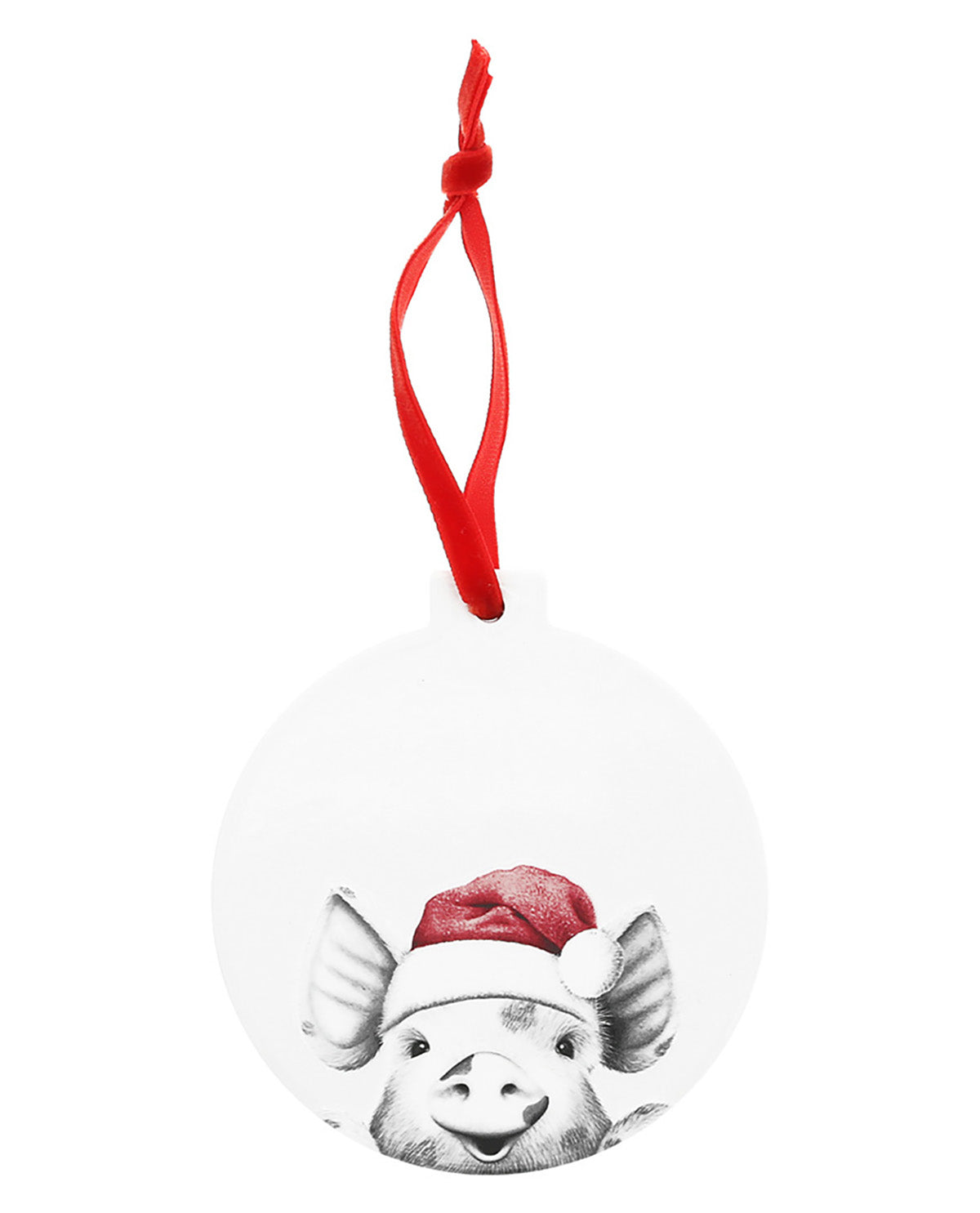 Decorative ornament with a pig design wearing a Santa hat on a white background