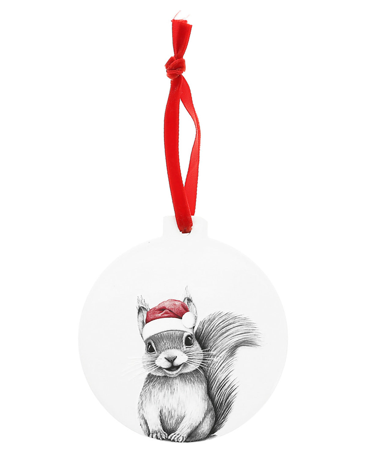Christmas ornament with a squirrel wearing a Santa hat and a red ribbon on a white background