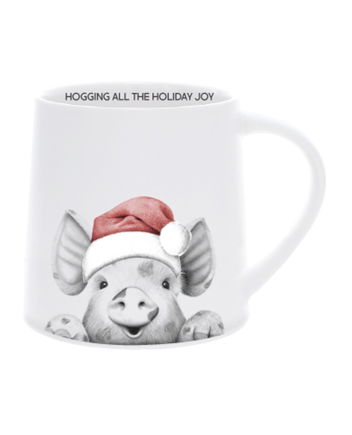 Mug with a pig wearing a Santa hat and text 'Hogging All The Holiday Joy' on a white background