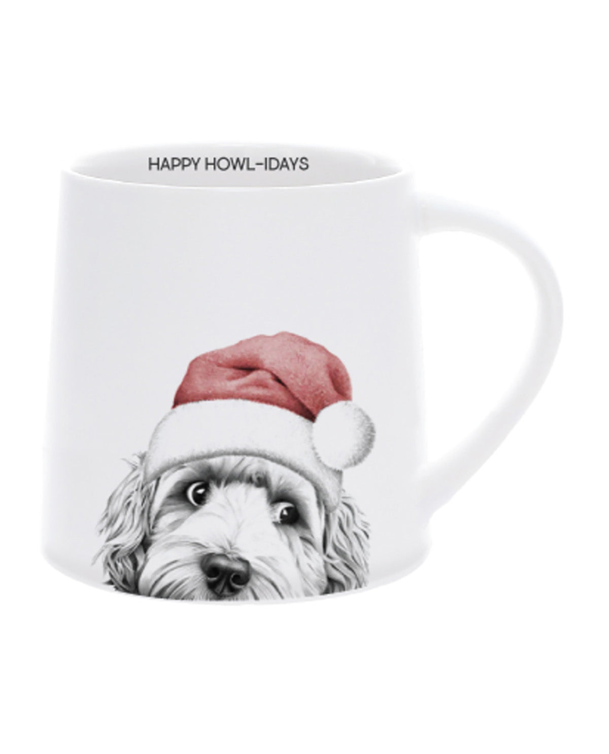 Mug with a dog wearing a Santa hat and 'Happy Howl-idays' text on a white background