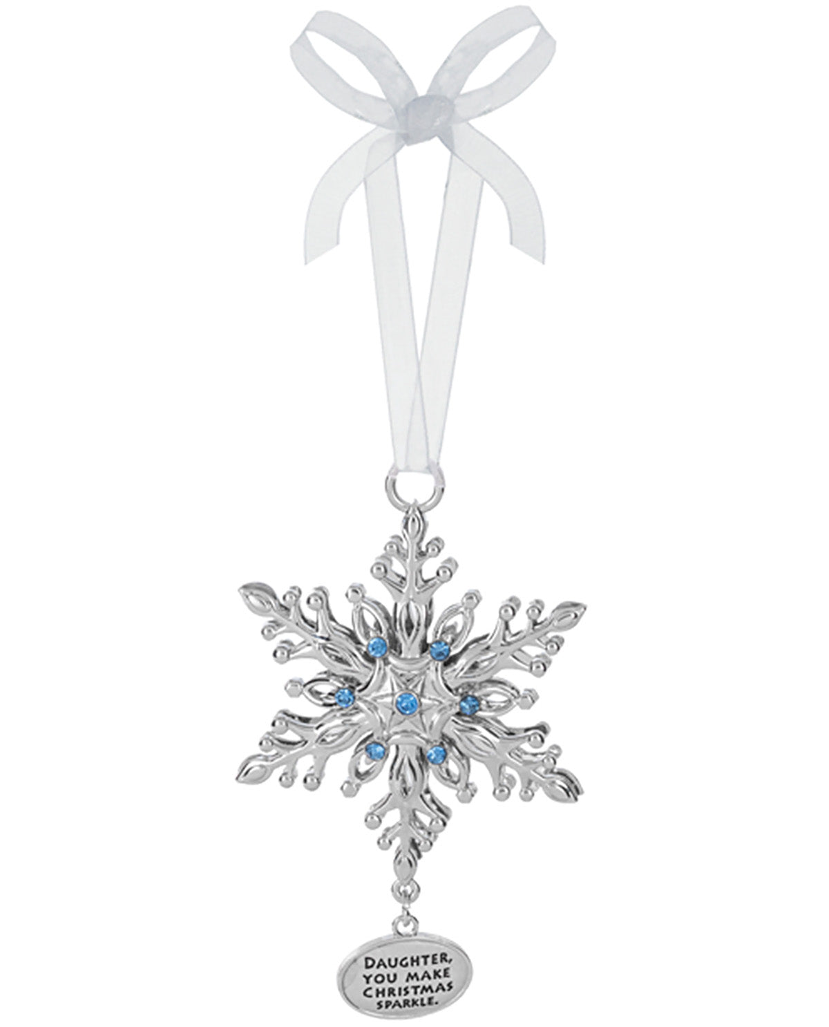 A silver snowflake Christmas ornament with blue rhinestone accents and a hanging silver tag that reads 'DAUGHTER, YOU MAKE CHRISTMAS SPLEEN.' It hangs from a white ribbon bow on a plain white background.