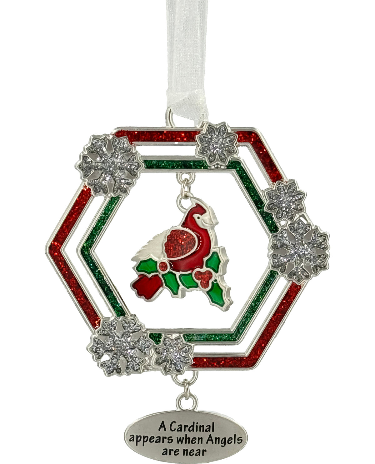 A Christmas ornament featuring a silver-toned hexagonal frame with red and green glitter stripes, crystal snowflake accents, and a central card-shaped bird ornament. A white hanging ribbon is attached at the top, and a dangling silver tag at the bottom reads, 'A Cardinal appears when Angels are near.