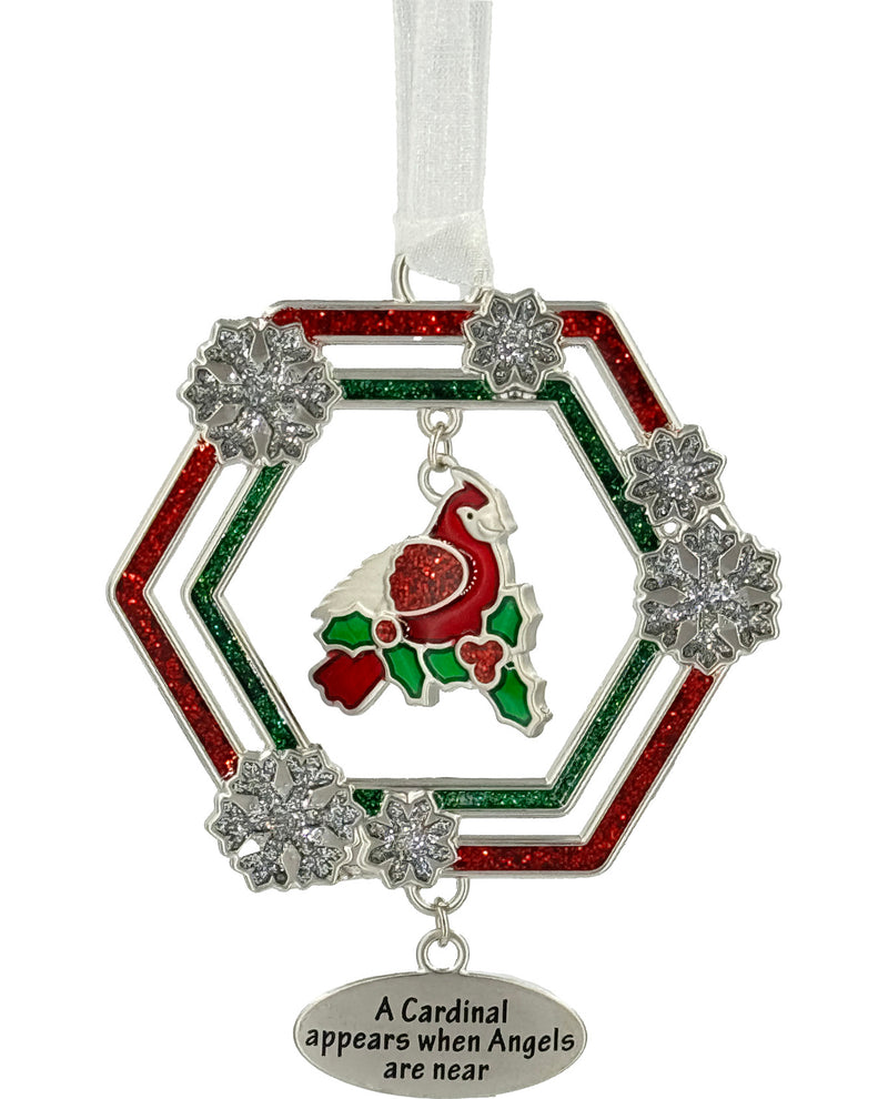 A Christmas ornament featuring a silver-toned hexagonal frame with red and green glitter stripes, crystal snowflake accents, and a central card-shaped bird ornament. A white hanging ribbon is attached at the top, and a dangling silver tag at the bottom reads, 'A Cardinal appears when Angels are near.