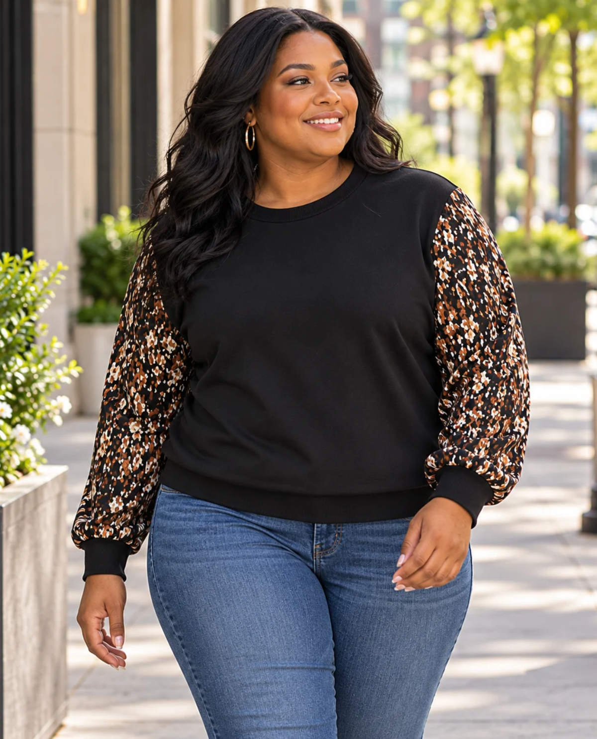 Zac & Rachel Print Chiffon Sleeve Sweater Black Beauty
