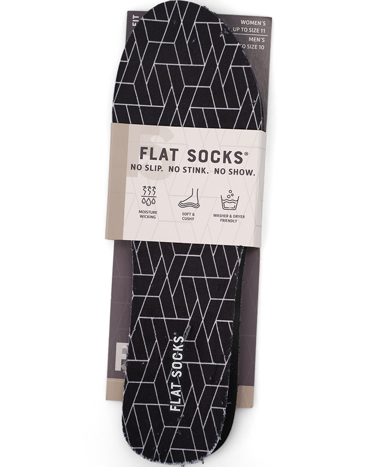 A pair of black flat socks with a white geometric line pattern, wrapped in a paper band that reads 'FLAT SOCKS' with product features and size information.