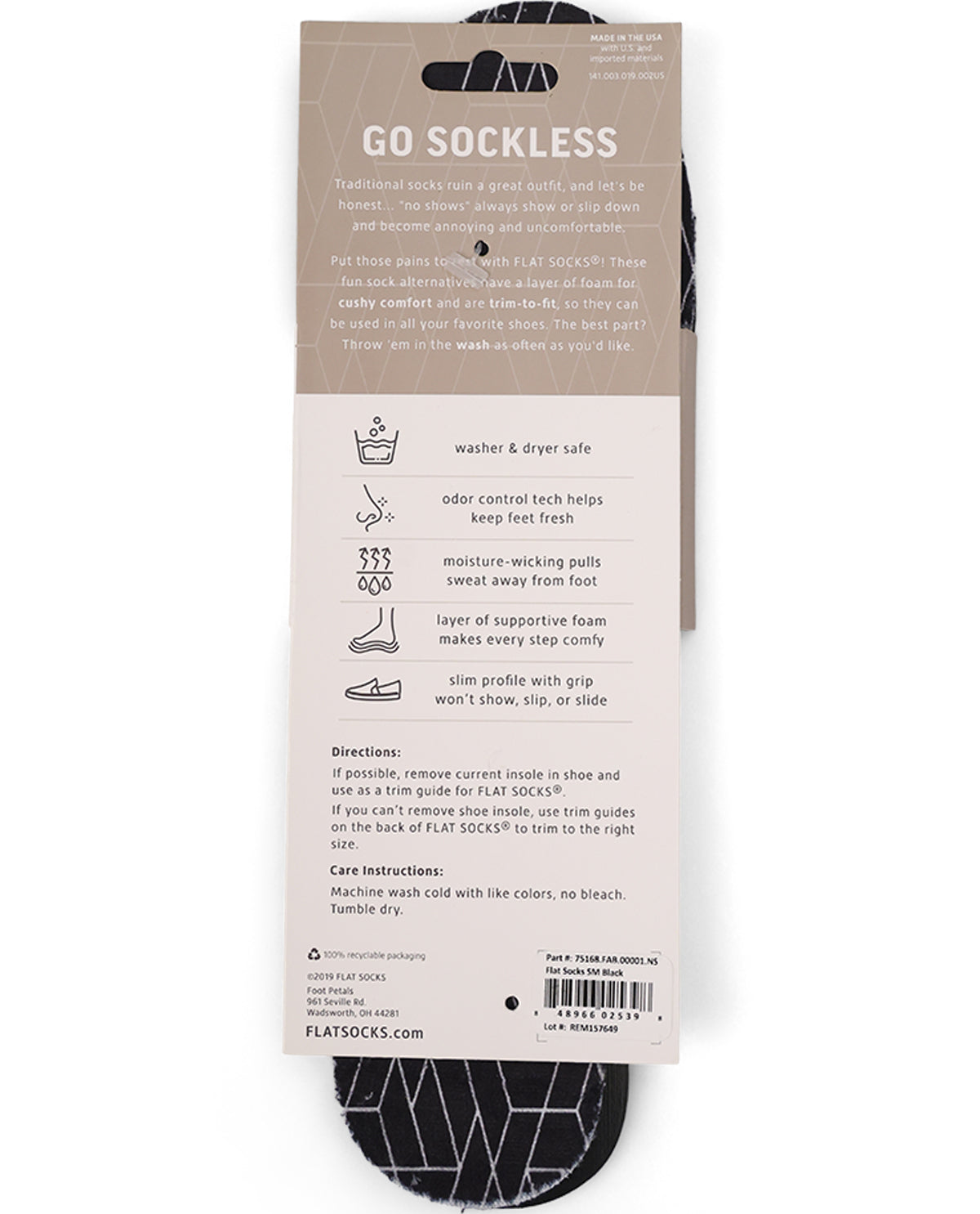 Packaged Go Sockless flat socks on a white background, showing the back of the retail card with product details, care instructions, and a barcode.