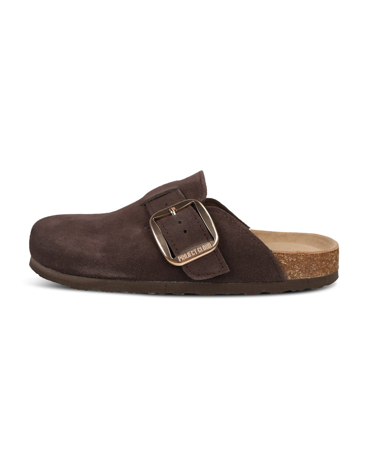 A dark brown suede clog-style mule shoe with a wide adjustable strap and a gold-tone metal buckle, shown in profile against a plain white background.