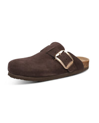 A dark brown suede clog-style mule sandal with a wide strap and a large gold-tone buckle, shown from a three-quarters angle on a white background.