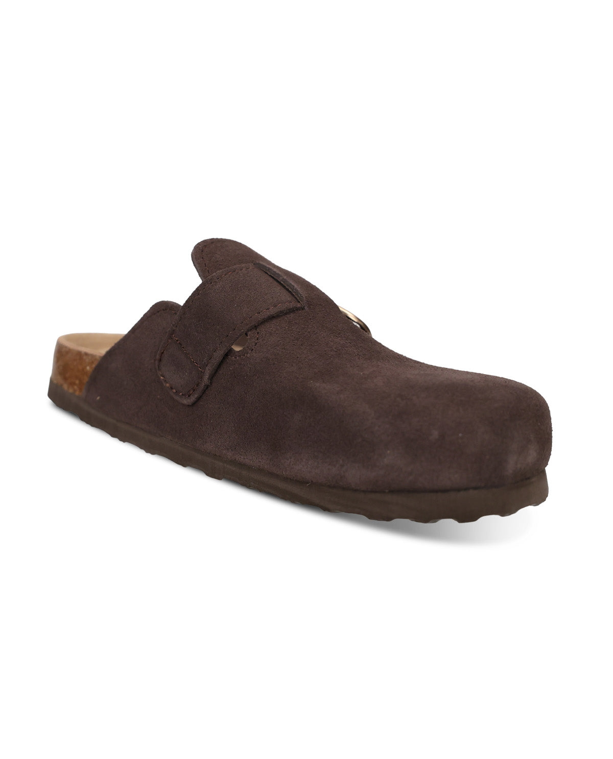 A dark brown suede clog sandal on a white background