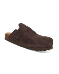 A dark brown suede clog sandal on a white background