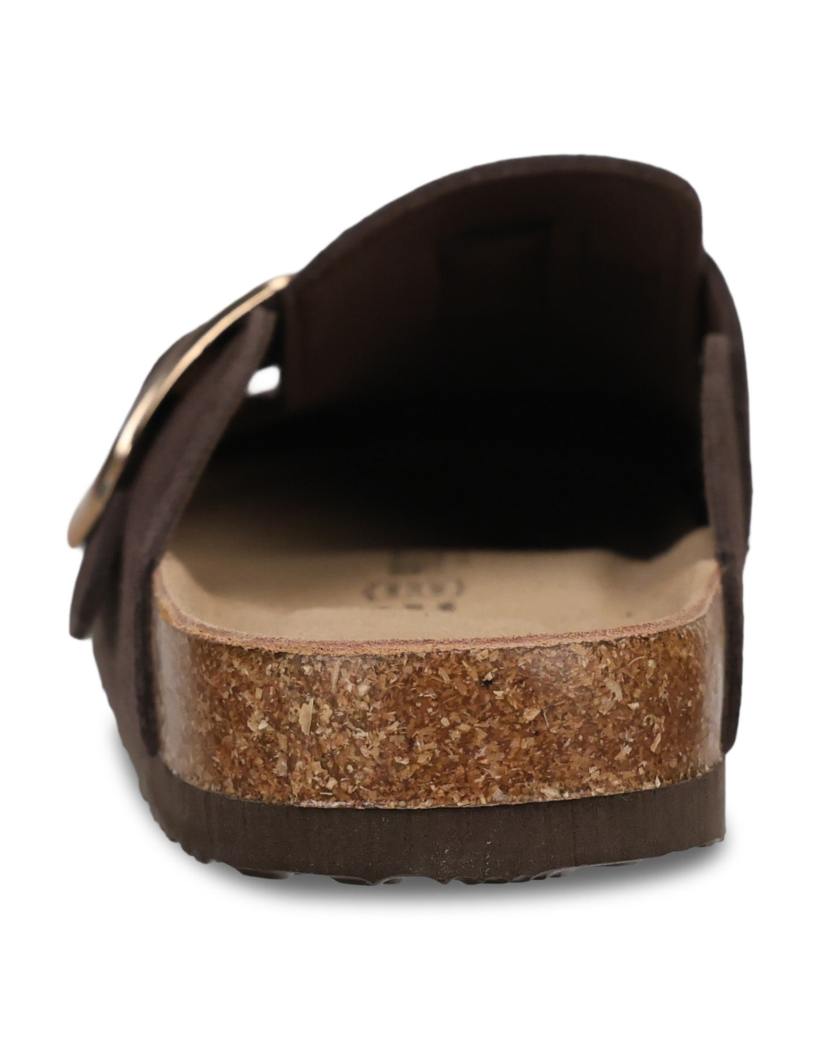 A dark brown slip-on clog sandal with a cork midsole and a gold-tone metal buckle on the side, shown from a rear three-quarter view on a white background.