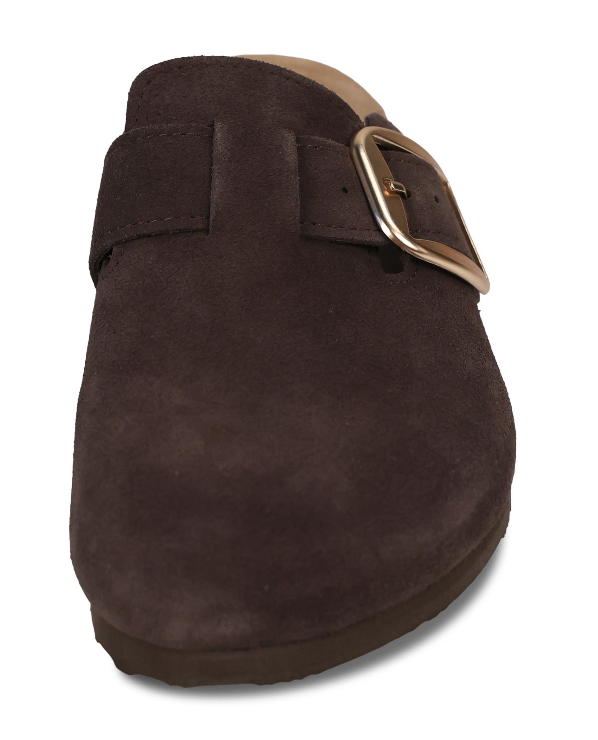 A dark brown suede clog shoe with a wide strap and a gold-tone metal buckle, shown from a front angle perspective on a white background.