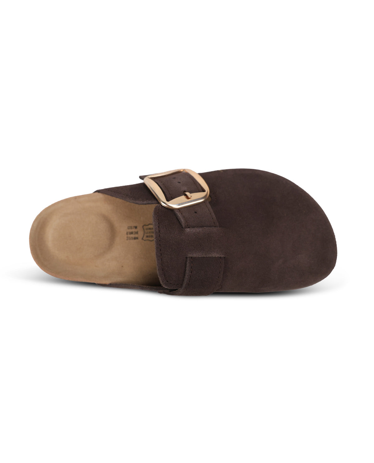 A dark brown suede clog-style sandal with a gold-tone metal buckle strap, shown from a top-down view on a white background.