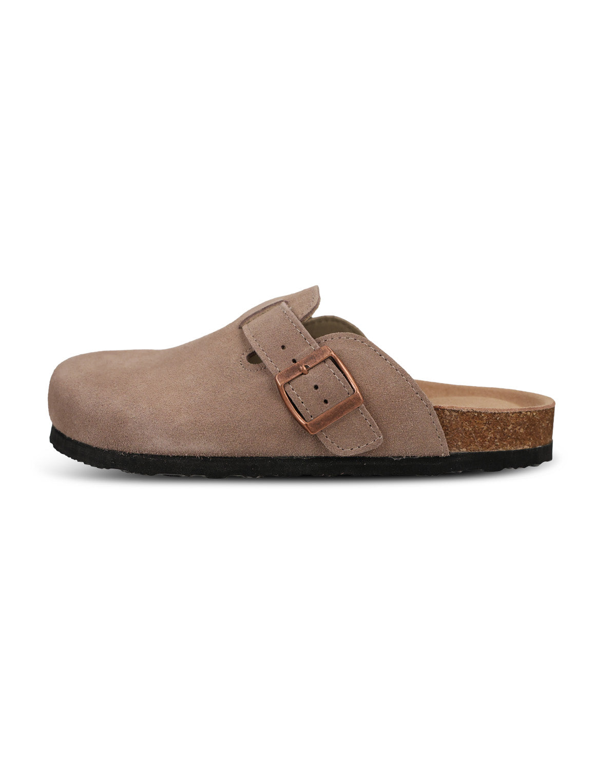 A single taupe suede clog sandal with a brown buckle strap, cork midsole, and black outsole, shown in a side profile on a white background.