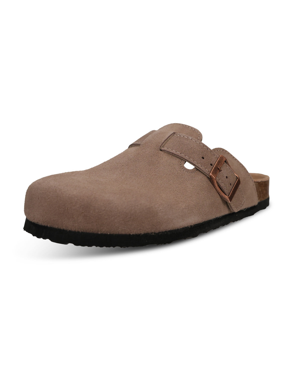A single taupe-brown suede clog sandal with a buckle strap and a black outsole, shown from a three-quarters angle on a white background.