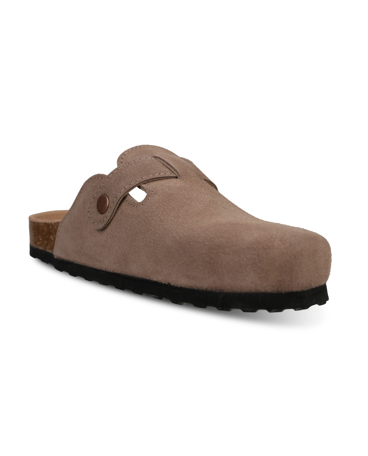 A single taupe-brown suede clog shoe with a black outsole and a cork heel insert, shown from a three-quarters angle on a white background.