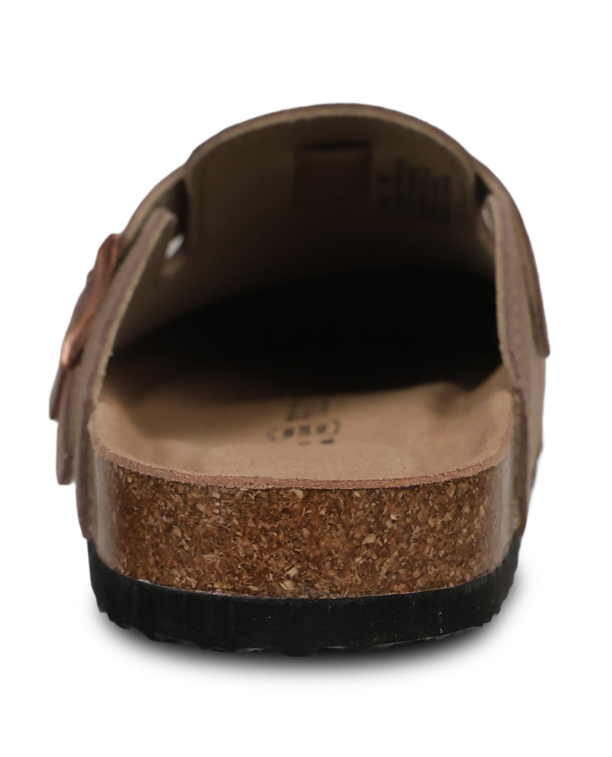 A close-up rear view of a taupe suede clog sandal with a cork footbed and a black outsole, shown on a white background.