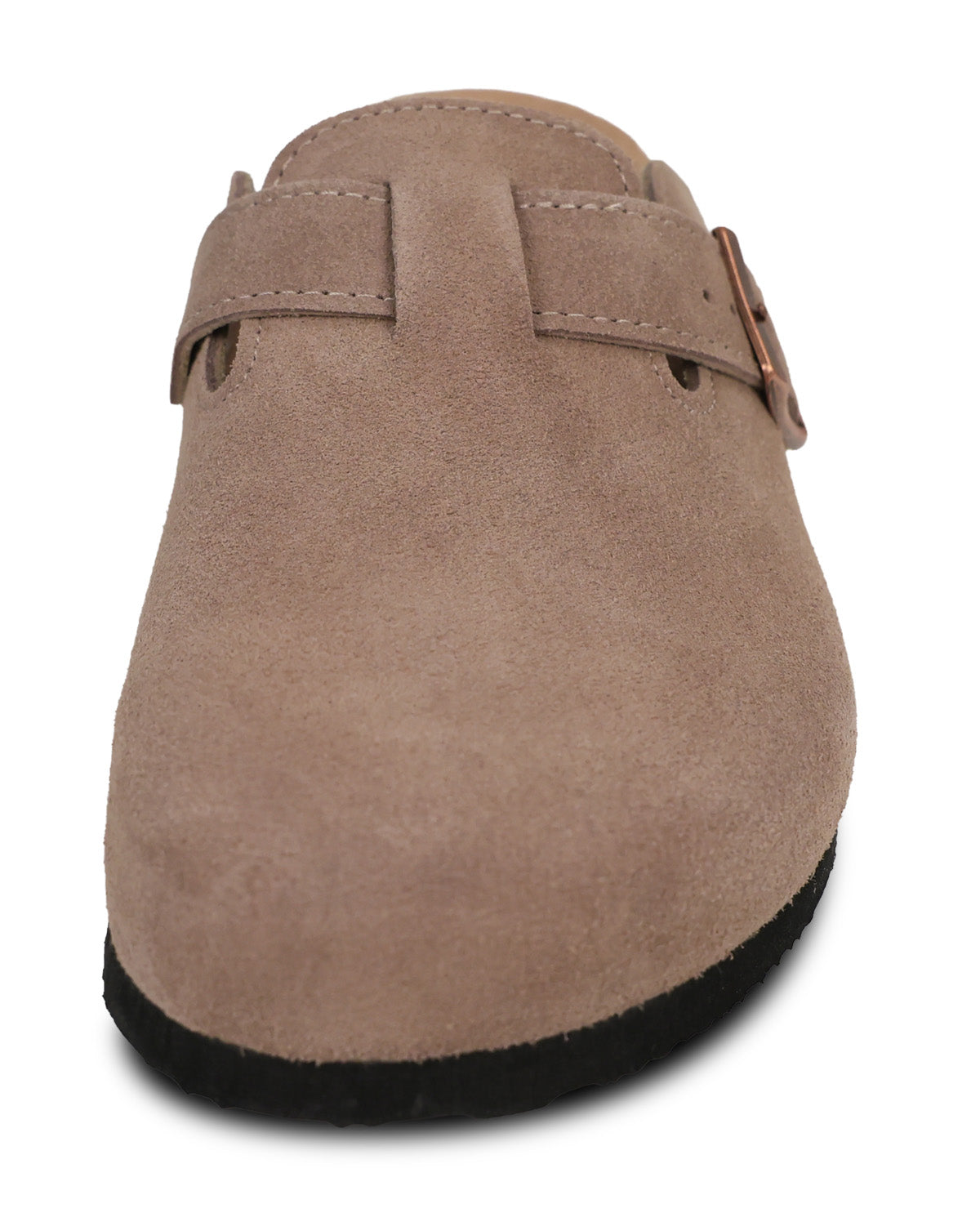 A single taupe-brown suede clog shoe shown from a front-facing perspective against a white background.