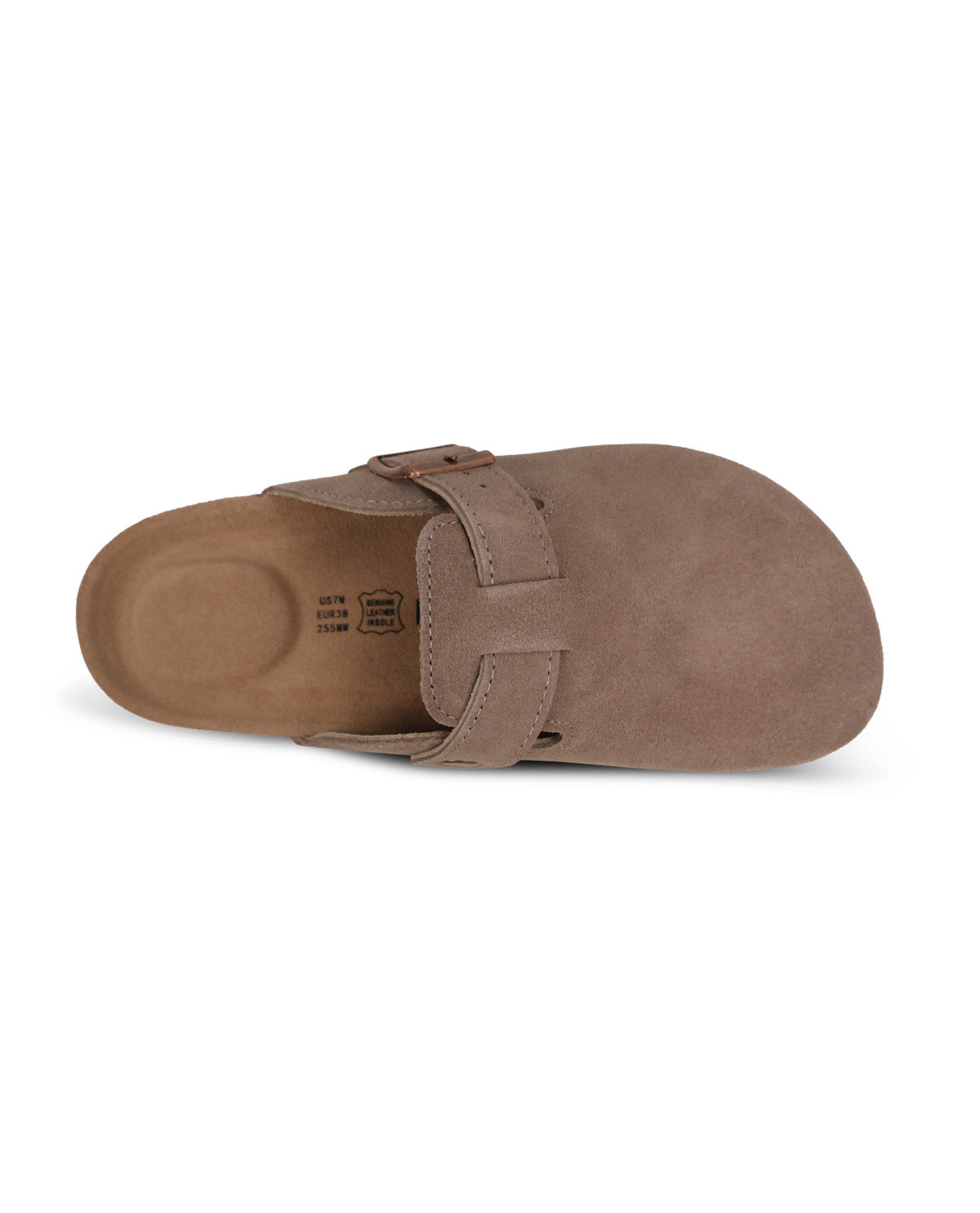 A single taupe-brown clog sandal with a suede-like upper and matching footbed, shown from a side profile view on a white background.