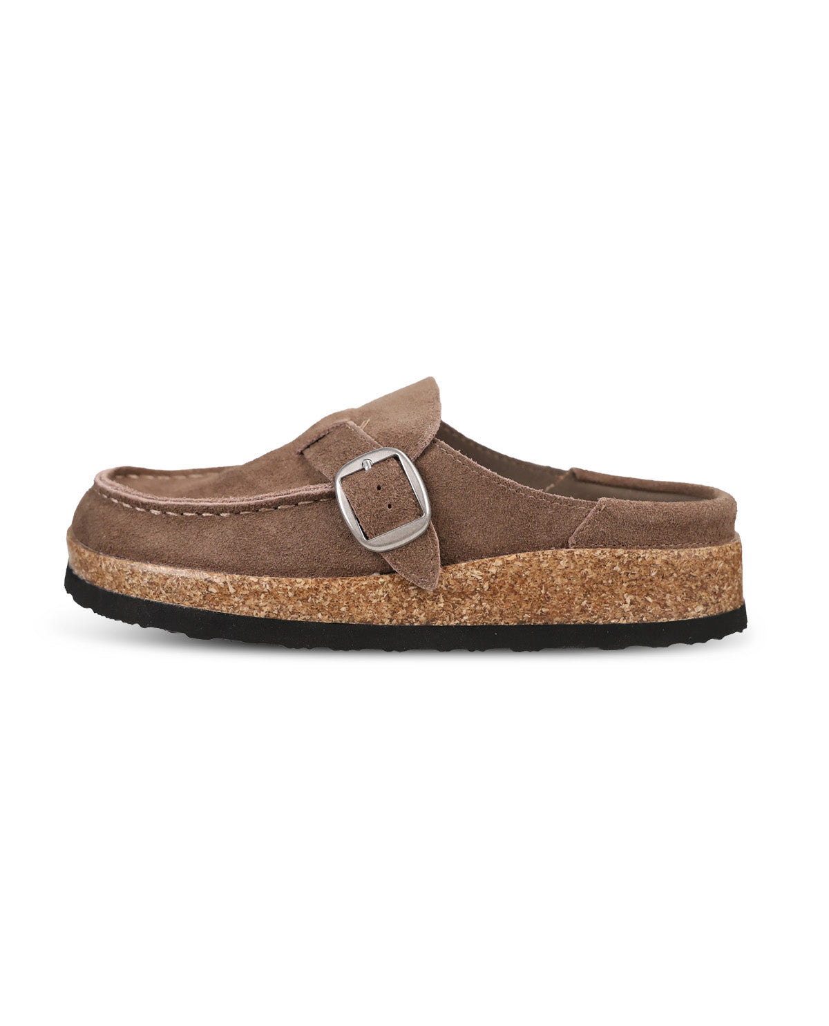 A taupe suede clog-style sandal with a silver buckle shown from a side profile on a white background