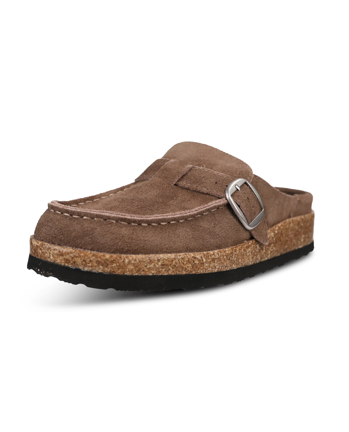 A single brown suede clog-style mule shoe with a cork midsole, black outsole, and a silver metal buckle strap, shown on a plain white background.