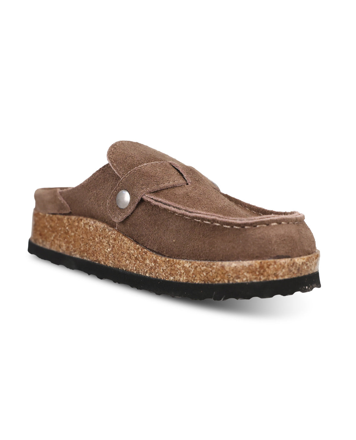 A single brown suede clog-style shoe with a cork platform sole and a black outsole, shown from a three-quarters angle on a white background.