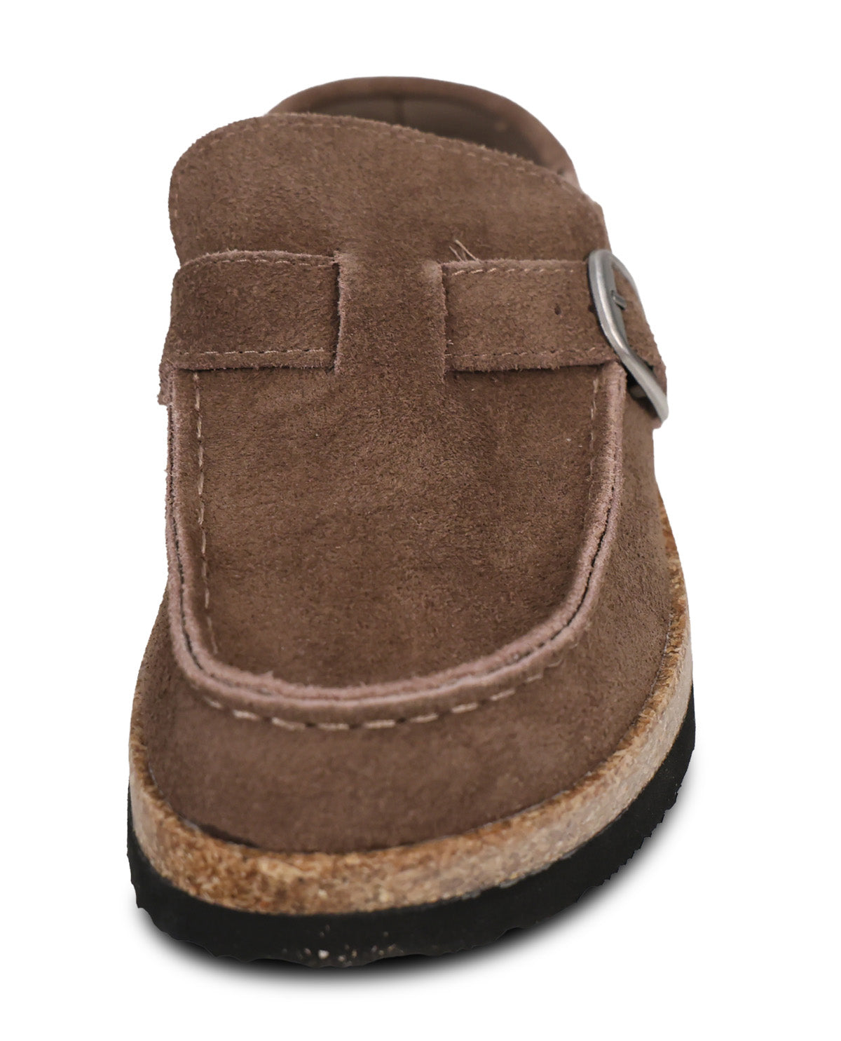 A brown suede clog shoe with a strap and silver buckle, shown from a rear three-quarter view on a white background.