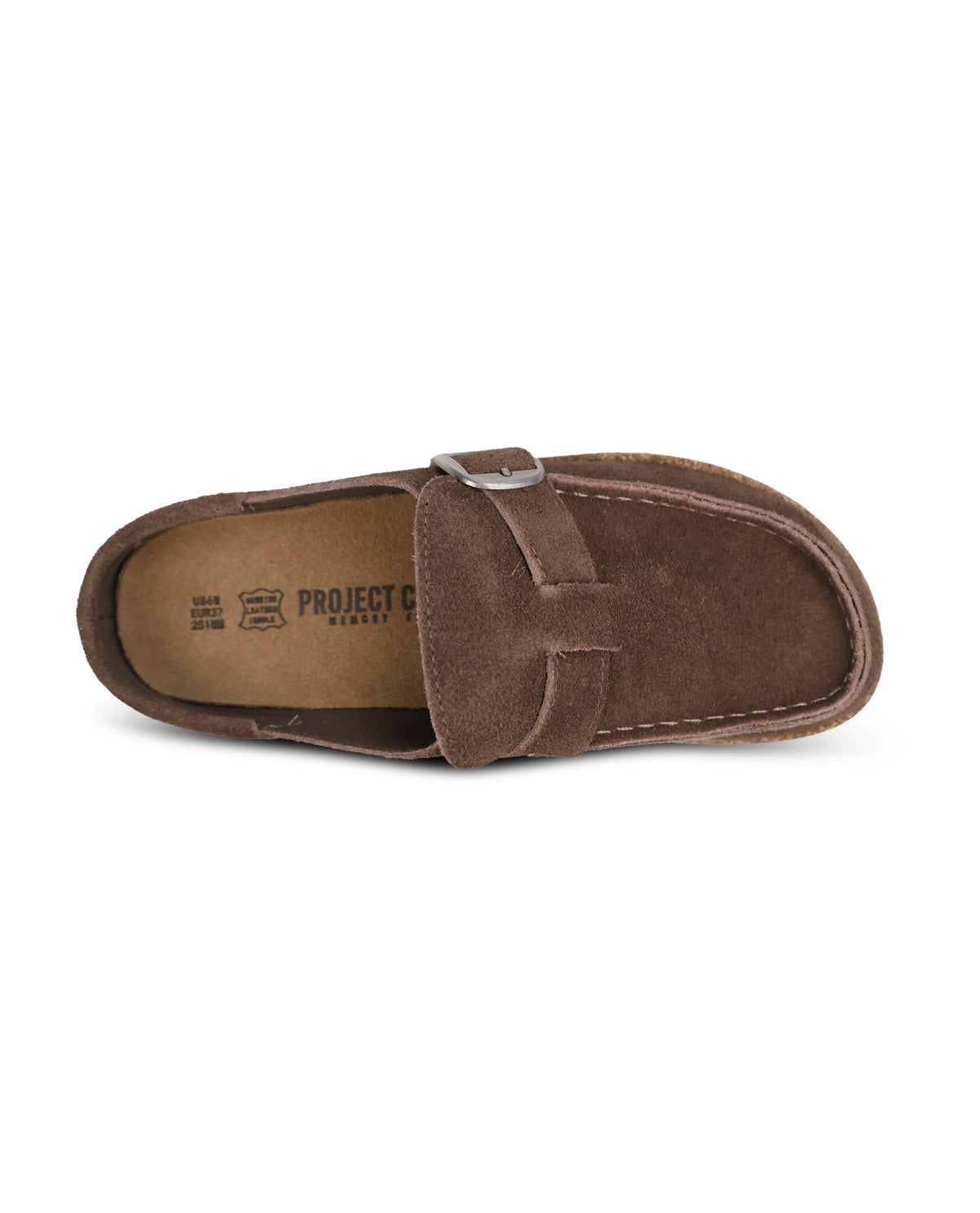 A single brown suede clog-style sandal with a decorative strap and silver buckle, shown from a top-down perspective on a white background