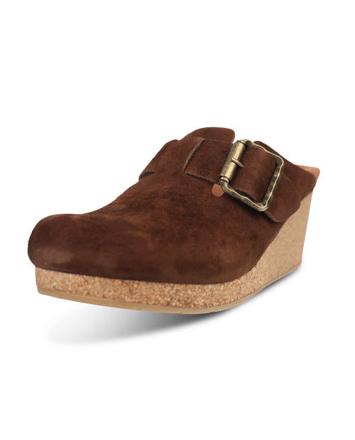 A single brown suede clog shoe with a wedge cork sole and a gold-tone metal buckle, shown from a three-quarters angle on a white background.