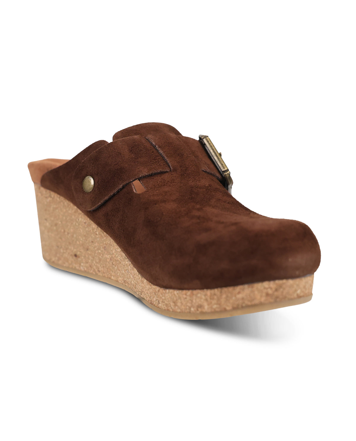 A single brown suede clog shoe with a cork wedge heel and a small gold-tone buckle detail, shown on a clean white background.