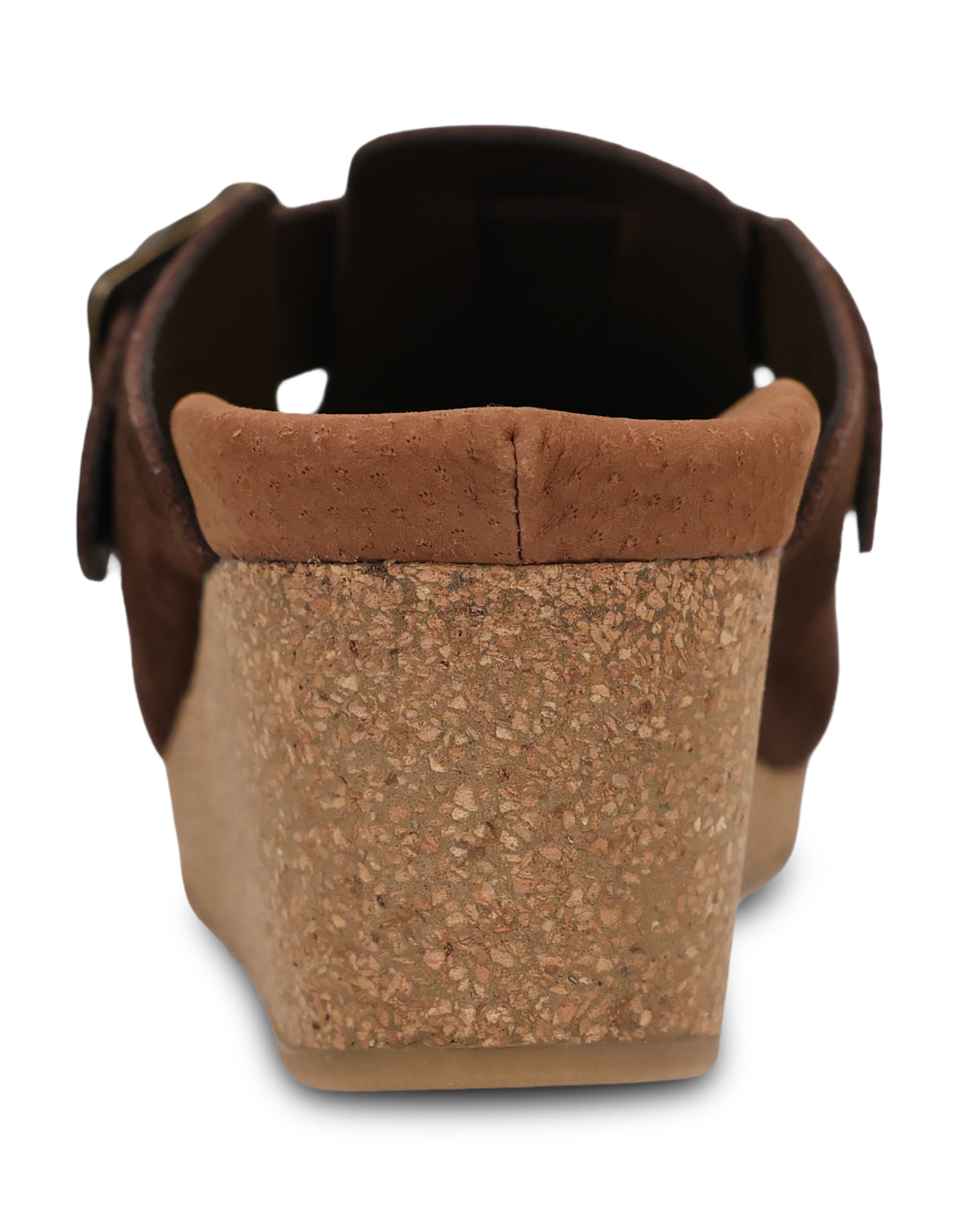 A brown wedge sandal shown from the back, featuring a cork-textured wedge heel and a brown strap across the top, set against a plain white background.