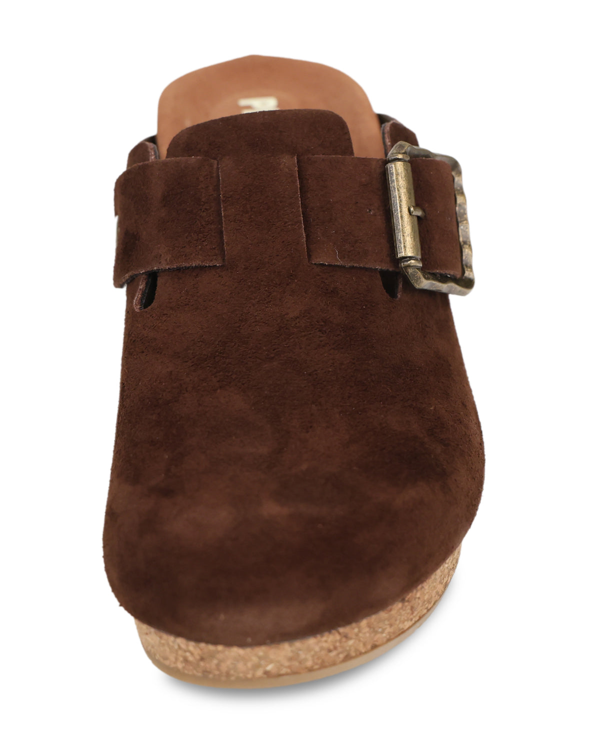 A dark brown suede clog shoe with a wide strap and a silver-tone metal buckle, set against a plain white background.