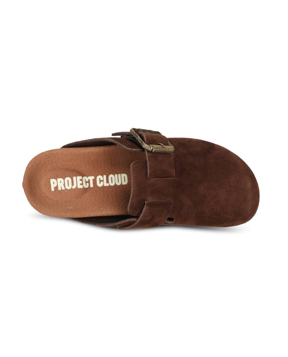 A single brown suede clog sandal with a strap and buckle, shown from a side profile view on a white background. The brand name 'PROJECT CLOUD' is printed in white on the tan insole.