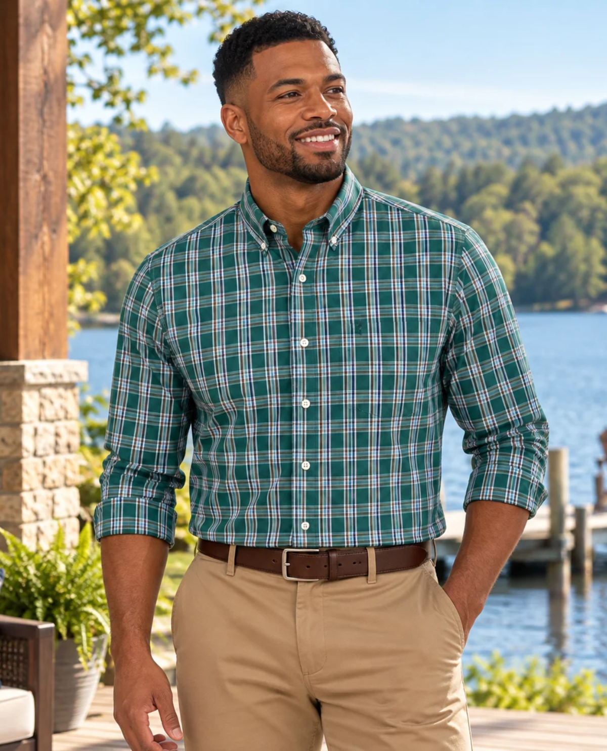 A man wearing a green and blue plaid button-down shirt with khaki pants, standing outdoors near a lake with trees in the background.