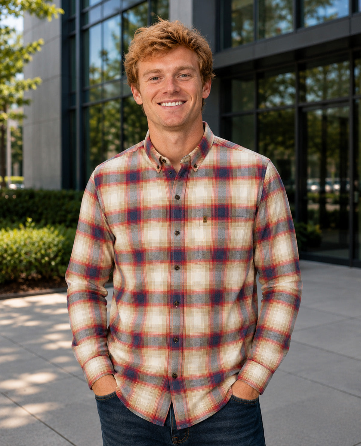 A smiling man wearing a long-sleeve plaid button-down shirt in beige, red, and blue, paired with dark jeans, standing outdoors in front of a modern glass building.